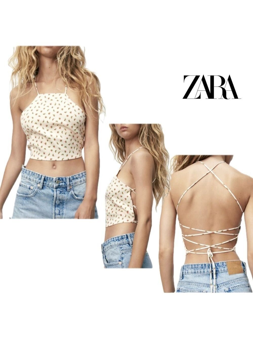 Zara cream watermelon print halter crop top open back lace up M summer festival
